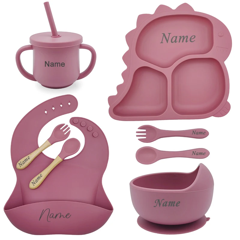 Dinosaur Children Dishes Plate Baby Feeding Set Personalized Name Silicone Tableware For Kids Toddlers Training Bowl Baby Stuff 4