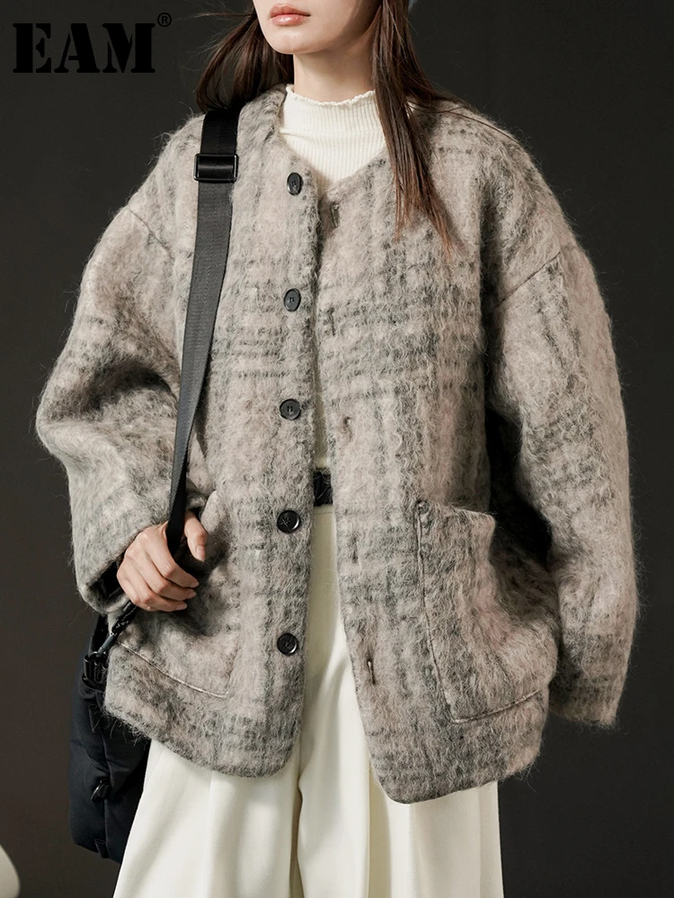 

[EAM] Women Plaid Big Size Woolen Blazer New Round Neck Long Sleeve Loose Fit Jacket Fashion Tide Spring Autumn 2024 1DH3767