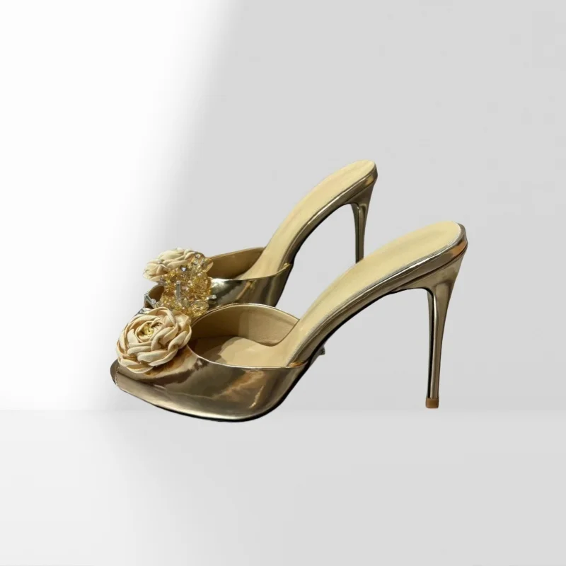 Golden Pointed Peep Toe Thin Heels Spring New Women Slippers Rose Crystals Decor Heels Elegant Banquet Dress Lady Shoes