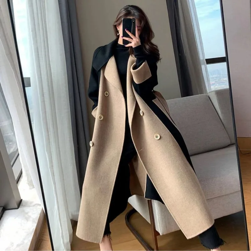 Winter New Women Woolen Coat Fashion Patchwork Double-breasted Cardigan Anti-wrinkle Lapel Trench Outwear High Sense Overcoat