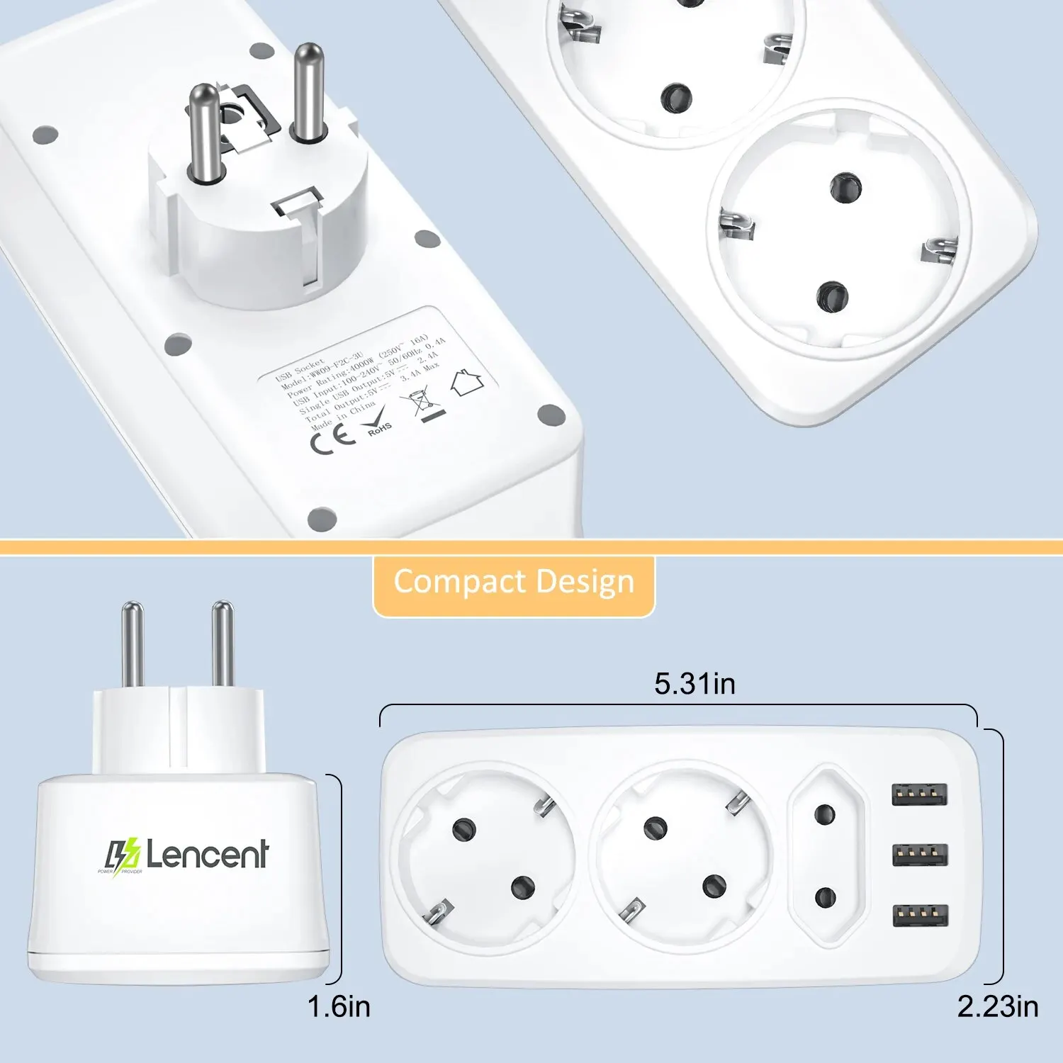 LENCENT EU Plug 6-in-1 Wall Socket Extender with 3 AC Outlet 3 USB 4000W 5V2.4A Wall Charger for Home/Office power strip plug adapter electrical socket power socket power plug adapter wall socket extender