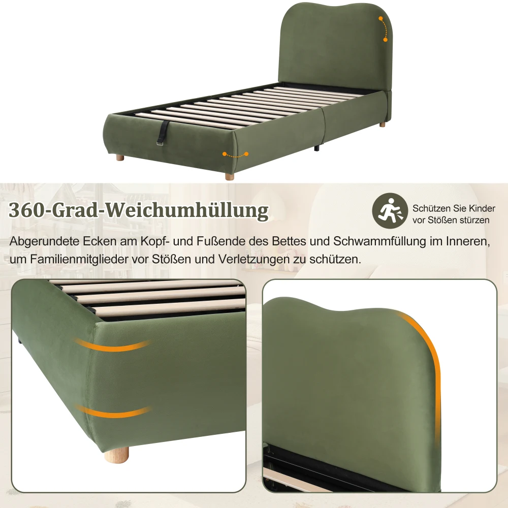 90 x 200 cm modernes Polsterbett, Babybett, hydraulisches Funktionsbett, Bett mit Gitterrost, Kopfteil und großem Stauraum – Detail 40