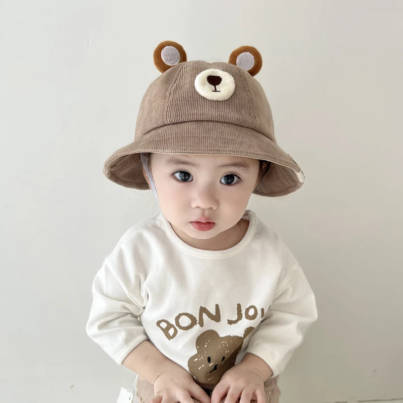 Autumn Winter Baby Bucket Hats Lovely Cartoon Bear Pattern Kids Boys Girls Sun Hat Thick Corduroy Children Fisherman Caps summer baby baseball hats lovely cartoon the outer space bear pattern sun hat for kids boys girls thin quick drying children pea