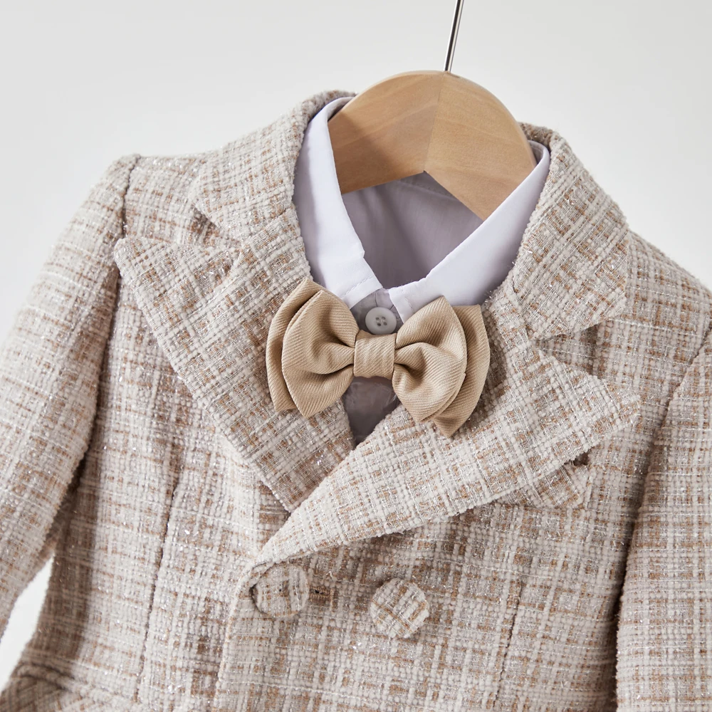 Formalna Trzyczęściowa Komplet Garniturów Tweed Dla Chłopca (Kurtka + Spodnie Z Paskami + Kokarda) Paisley Slim Fit Elegancka Dziecięca Sukienka Dla M