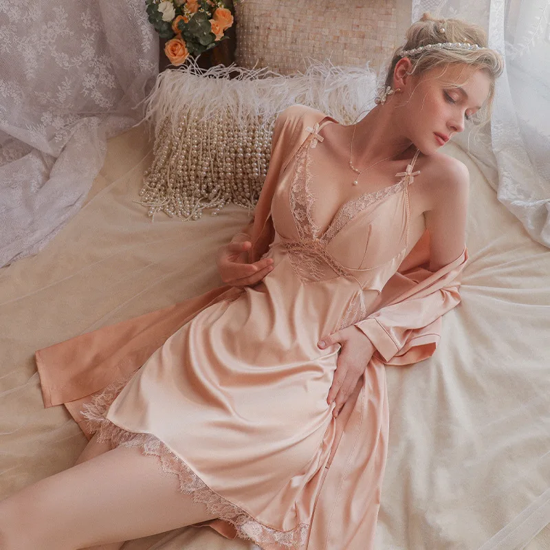 New lingerie dress women deep V see-through temptation nightdress sexy home halter short skirt suspenders + outer robe