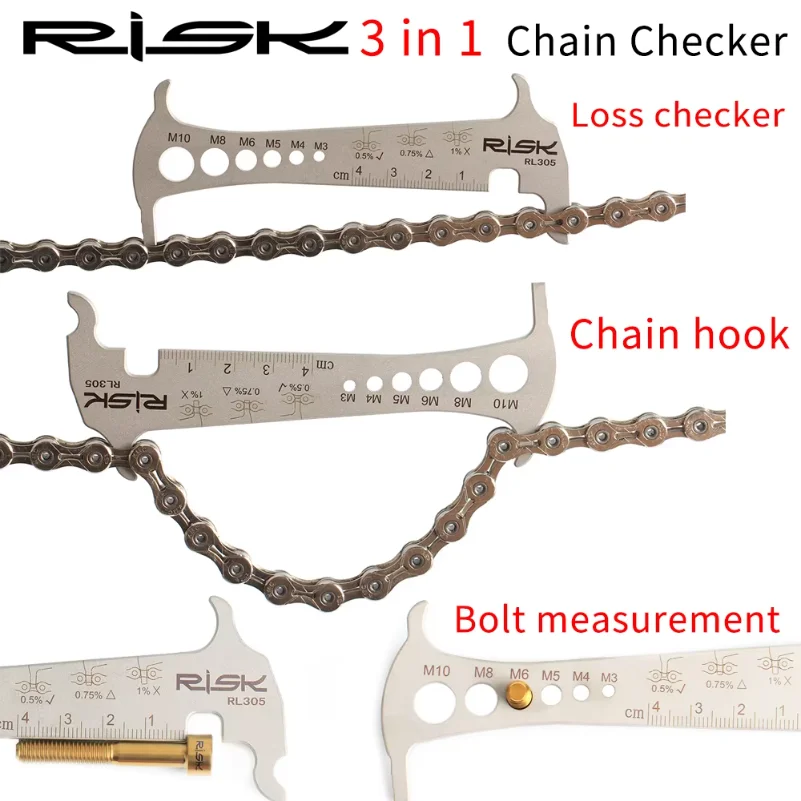 RISK 3 in 1 자전거 체인 체커 스테인레스 스틸 사이클링 볼트 측정 체인 후크 자전거 수리 도구