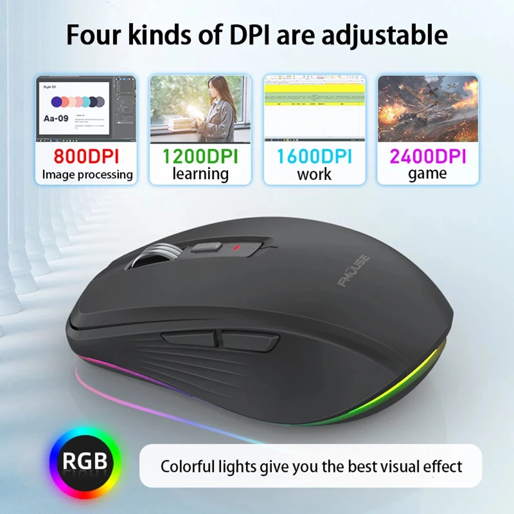 Dual Mode Rechargeable Wireless Bluetooth 2.4G Mouse RGB Mute Mouse For Windows Mac IOS Android Laptop Tablet  Phone PC