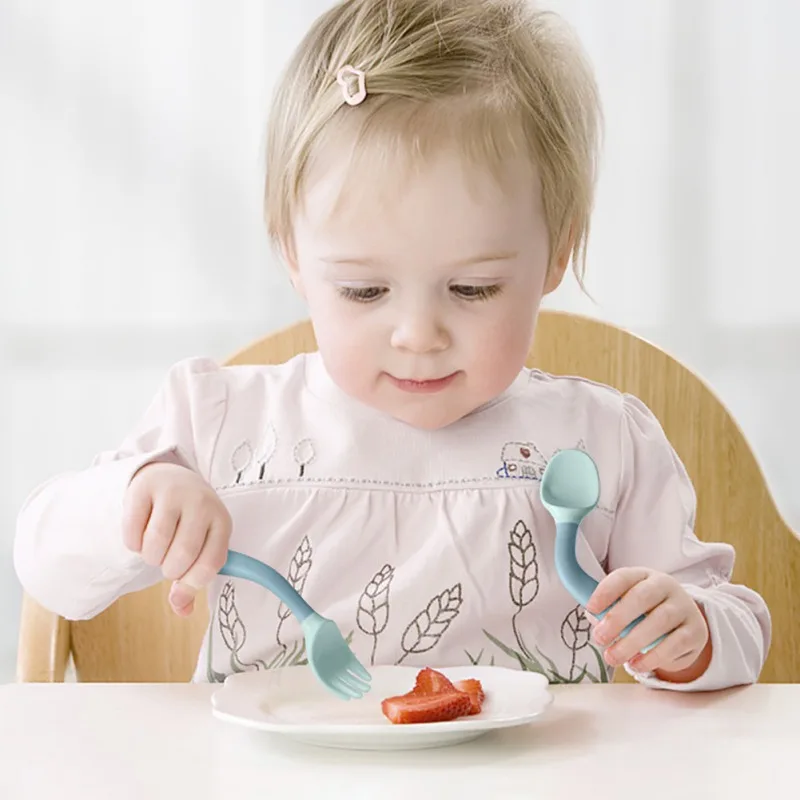 

Baby Spoon Fork Set Heat Resistant Soft Bendable Silicone Scoop Fork Kit Tableware Toddler Training Feeding 2Pcs Cutlery Utensil