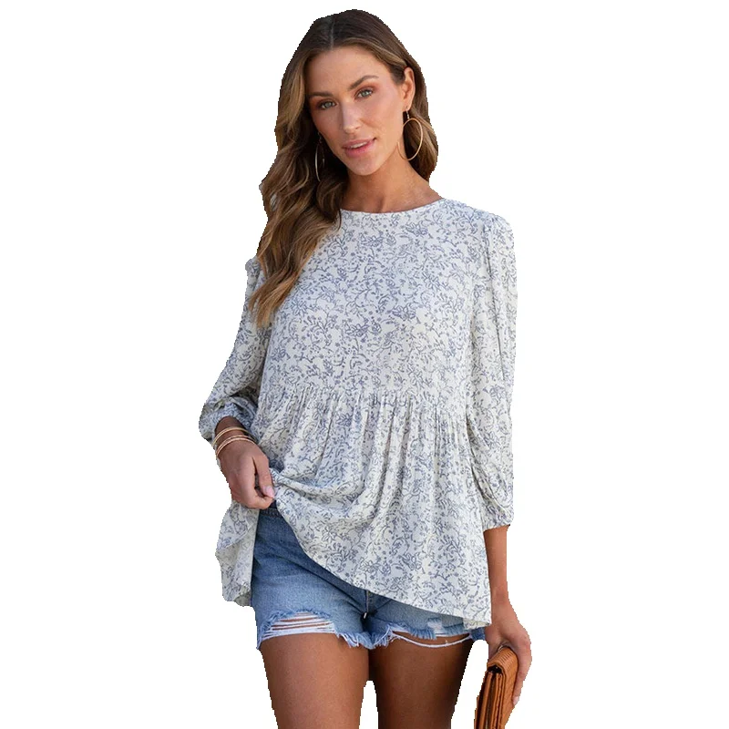 

2023 Autumn New Print Pullover Women's Thin Casual Style Hollow Out 7/4 Sleeve Chiffon Shirt Women