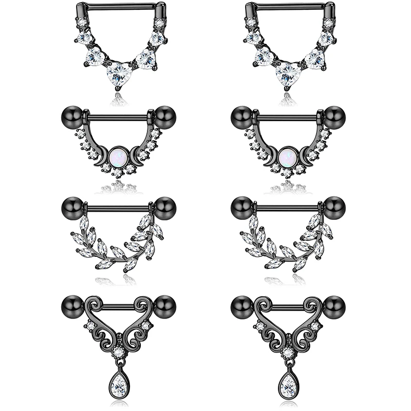 

4 pairs of 14G women's nipple rings 316L stainless steel heart-shaped teardrop Moon Star opal leaf CZ barbell nipple rings