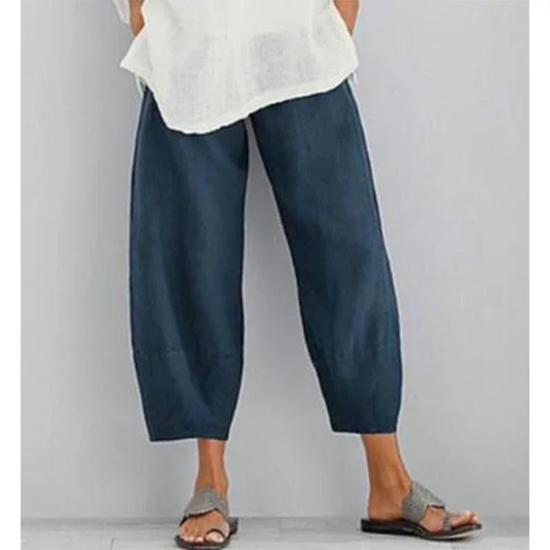 Women Cotton Linen Pants Loose Comfort Elastic Waist Harem Pants Vintage Solid Casual Pockets Wide Leg Trousers Cropped Pants casual two piece set women s casual sport daily wear set loose print t shirt harem pants plus size elastic waist top for comfort