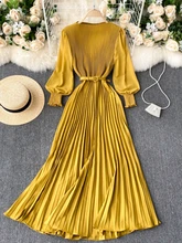  Fitaylor Spring Autumn Women Elegant O-neck Long Sleeve A-line Dress Office Lady High Waist Solid Pleated Dress 
