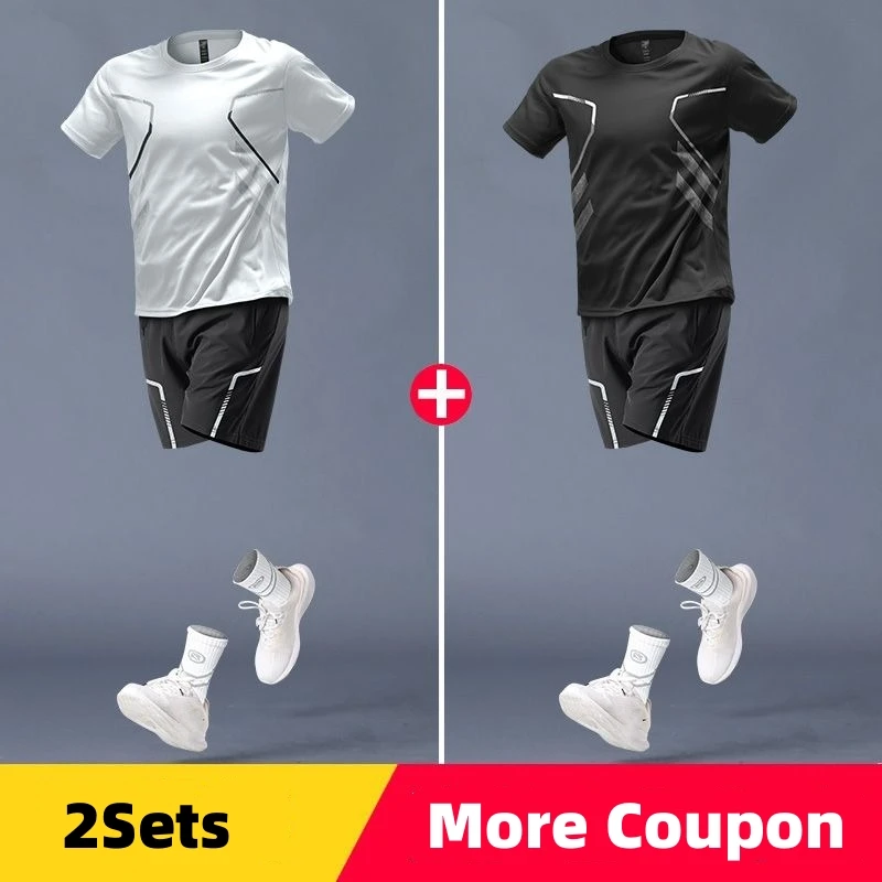 Men's Summer Ice Silk Sportswear Sets Quick Dry Breathable Gym Clothes Running Basketball Training Short Sleeve T-shirts Shorts