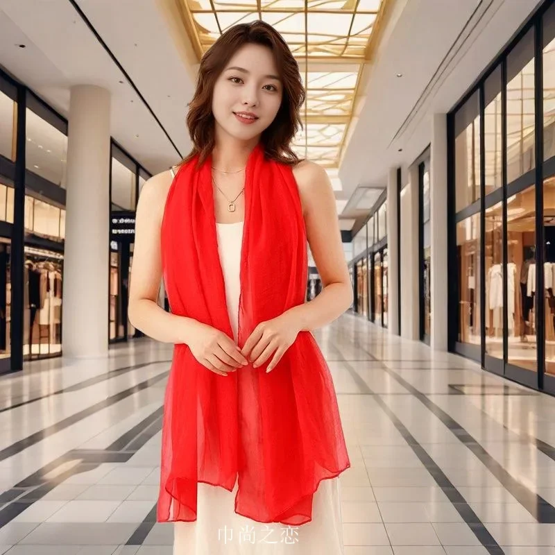 Elegant Red Silk Chiffon Scarf - Women's Fashionable Spring Autumn Shawl