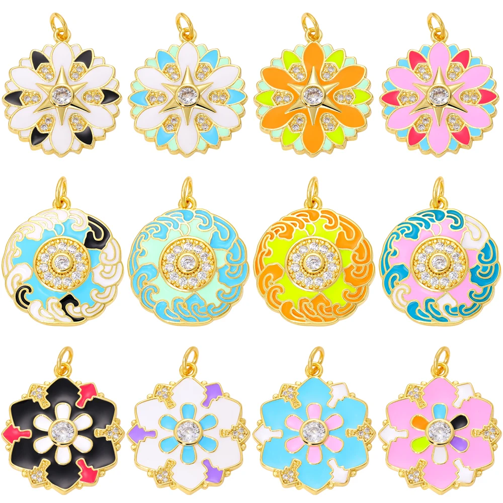 Juya 18K vergoldete Kunsthandwerk bunte Emaille runde Blumen Charms für DIY Frauen Mode Dekorationen Schmuckherstellung