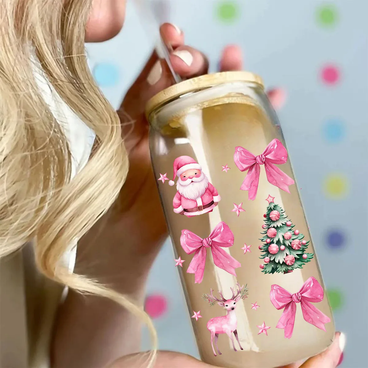 Pink Santa Claus Bow Christmas Tree UV DTF Transfer Sticker Libbey 16oz Glass Cups Wraps Coffee Mug Decals Party Xmas Home Decor