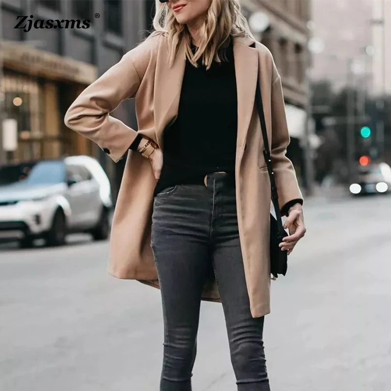 

Autumn Female Commuting Office Coat Lady Single Button Outercoats Winter jacket Solid Notched Collar Long Women Woolen Overcoats