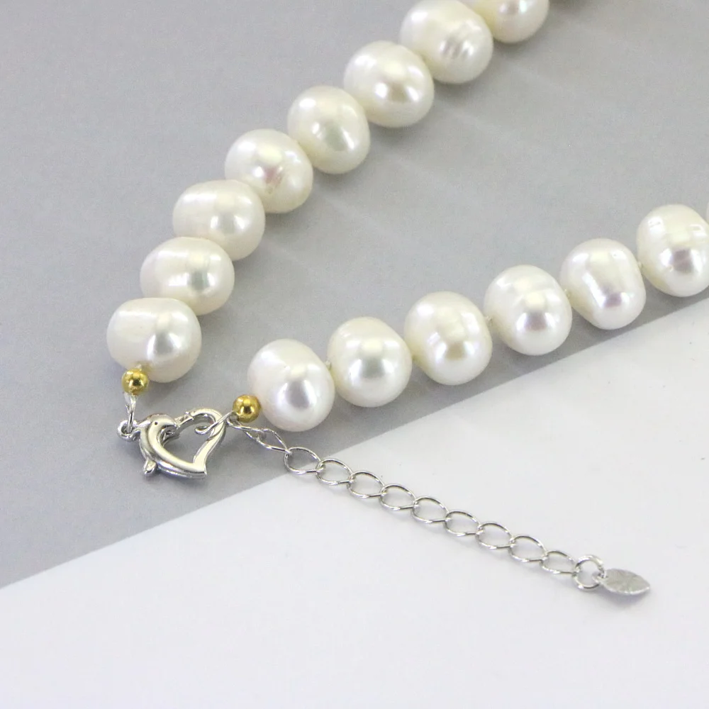 Women Pearl Jewelry Necklace 11-12mm Natural Freshwater Beads Chain Girl Heart Shaped Buckle Can Extend Wedding AAA+ 45cm