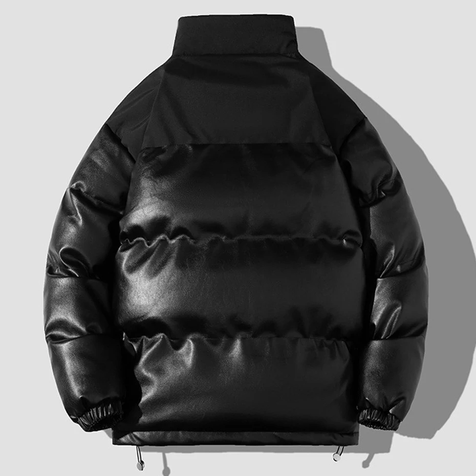 PU Parkas Men Winter Padded Jacket PU Coat Fashion Casual Solid Color Parkas Male Loose Style Stand Collar Parkas Black