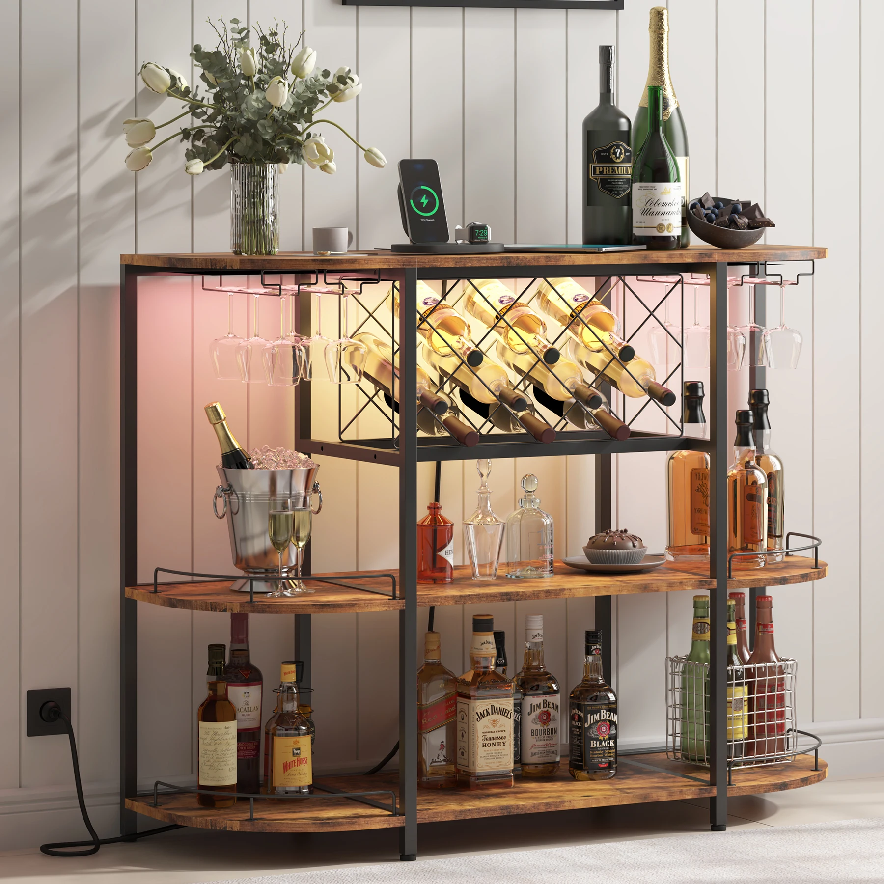 

46” Industrial Wine Bar Cabinet with Rack, Glass Holders, Freestanding Storage for Home, Kitchen, Dining Room