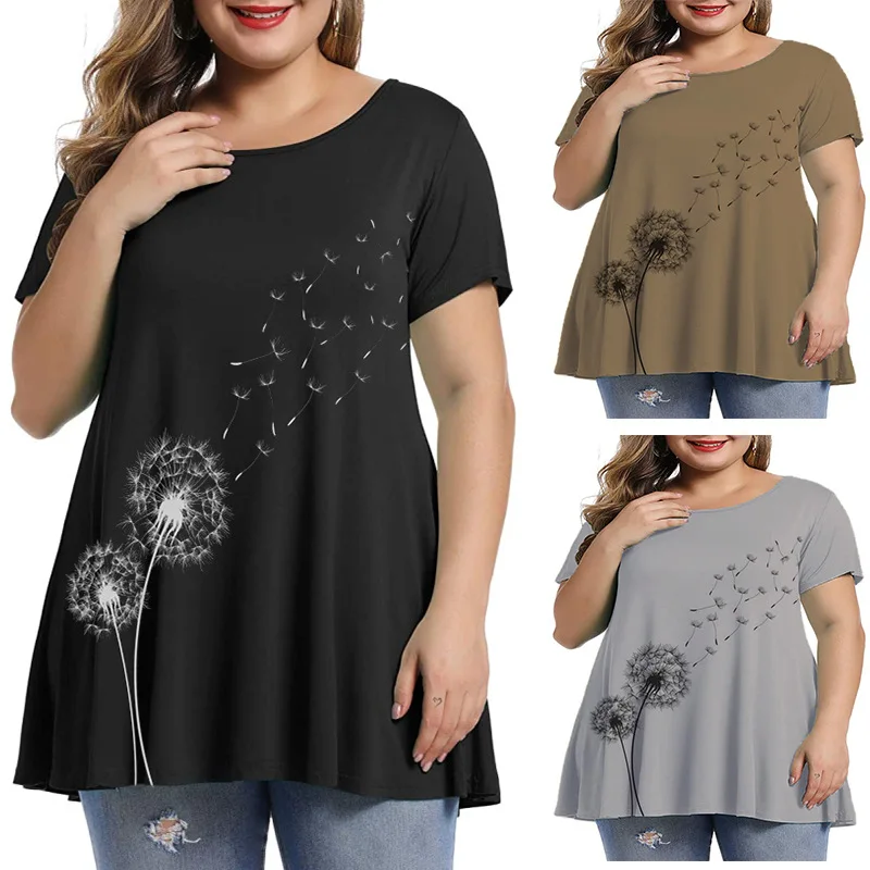 

Женская футболка с круглым вырезом, коротким рукавом и принтом одуванчика