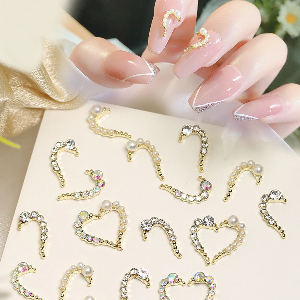 10pcs Zircon Half Pearl Heart Nail Charms