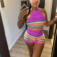Women Suits Hhanging Neck Lace-up Sleeveless Backless Tops Female Casual Knitted Rainbow Stripes Two Piece Sets Slim Fit Shorts - Image 3