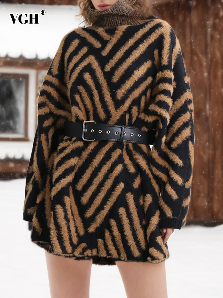 

VGH Patchwork Belt Casual Knitting Sweaters For Women Turtleneck Long Sleeve Colorblock Temperament Pullover Sweater Female New