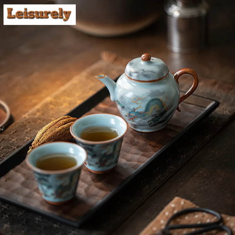 Azure Ru Kiln Propitious Dragon Tea Set Complete Set Elegant Tea Ceremony Set Teapot And Tea Cup Set Tea Services Decoration
