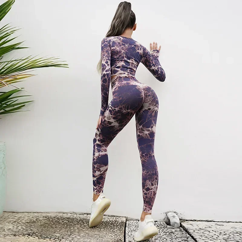 Seamless Tie-Dyed Yoga Sets Sports Fitness High Waist Hip Raise Pants Cutout Bra Suit Workout Clothes Gym Leggings Set For Women yoga set sports set gym workout set sportswear set fitness set sports bra set yoga pants set