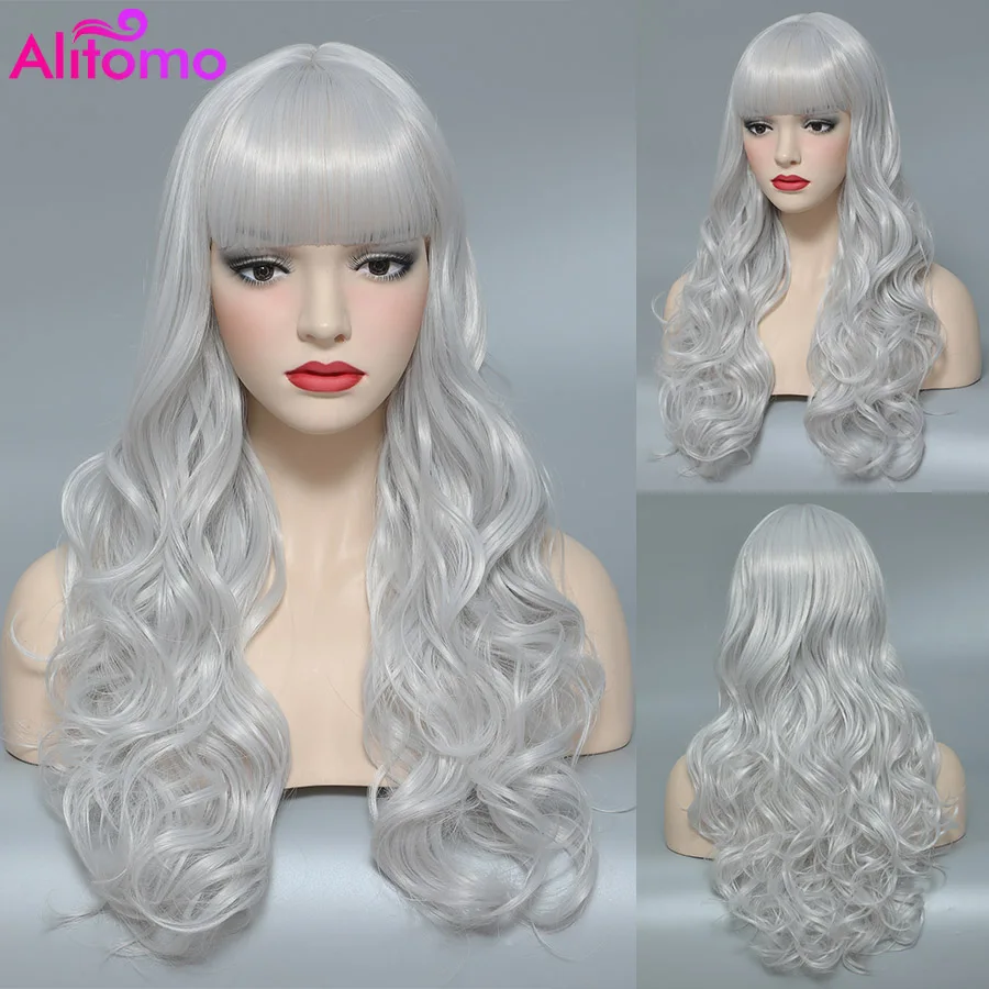 

Alitomo Long Wavy Synthetic Wigs White Copper Blue Natural Layered Wig with Bangs for Women Cosplay Daily Heat Resistant Wig