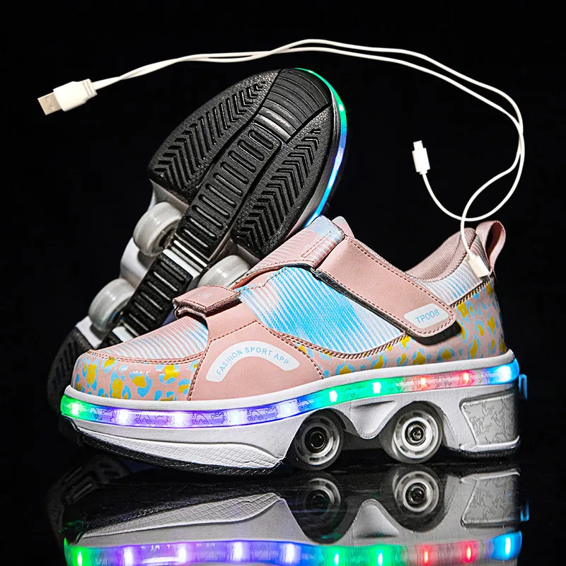 

Casual Sneakers Walk Roller Skates USB Charging Four Wheel Skates for Adult Men Women Unisex Child Deform Wheel Led Light Shoes