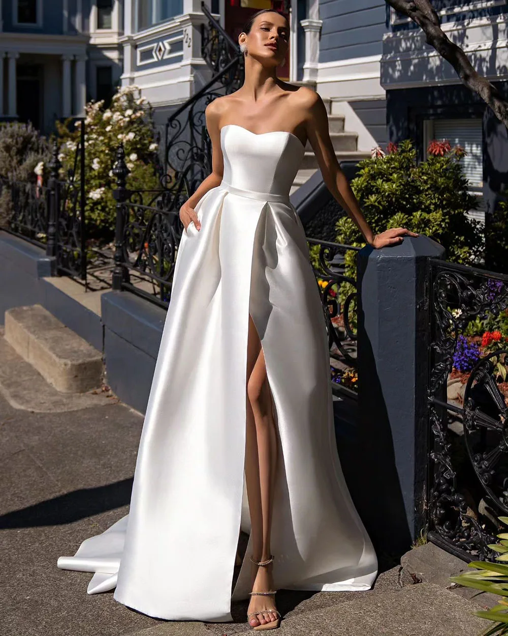 SoDigne Simple Sweetheart A-Line Wedding Dresses Elegant Sleeveless Belt Bridal Gowns Satin Side Split Robe De Mariée 2