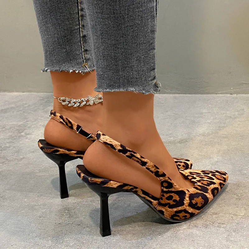Pointed Leopard Slingbacks Women Shoes Spring Summer High Heels Temperament French Short Heels Single Shoes Fashion Sexy Sandals