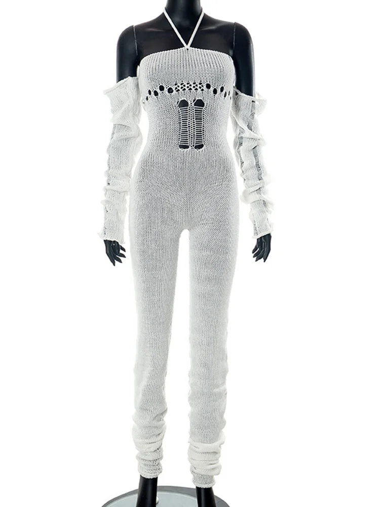 Sibybo Lady Knitted Jumpsuit Fashion Woolen Halter Neck Tie Hollow Pile Trousers Sexy Backless Slim Fit Trousers Autumn Clothes