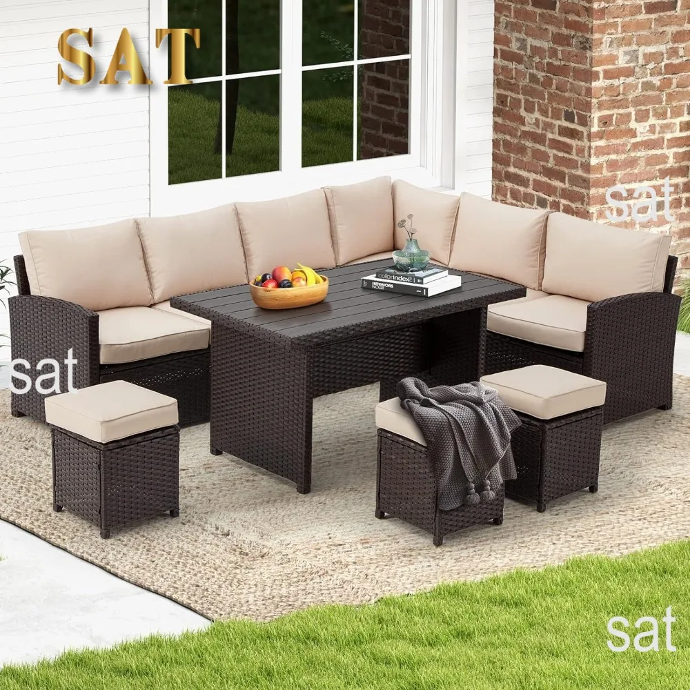 7 Pieces Patio Furniture Set, Outdoor Sectional Sofa Conversation Set, All Weather Wicker Rattan Couch Dining Table & Chair
