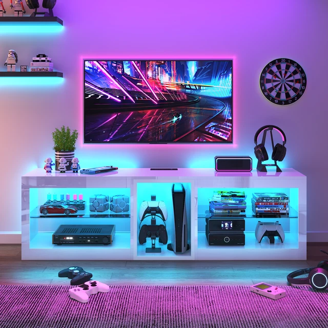 63" LED TV Stand for Televisions up to 70In, TV Cabinet with Adjustable Glass Storage Shelves, Modern LED Entertainment Center