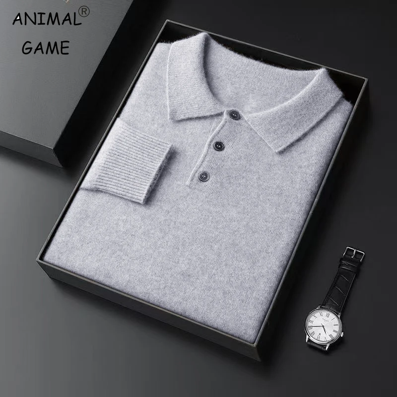 Autumn Mens Knit  Polo Shirts Lapel Fit Button Pullover Sweaters HeavyWeight Knit Polo Sweaters Outdoor Warm Solid Jumper