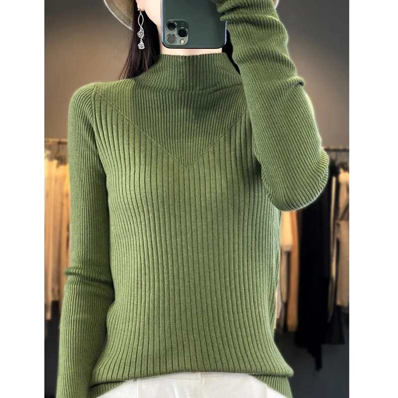 

Women Half-high Collar Vertical Stripes Pullover Fine Wool High Elasticity Sweater Autumn Winter Bottoming Shirt Knitting Top