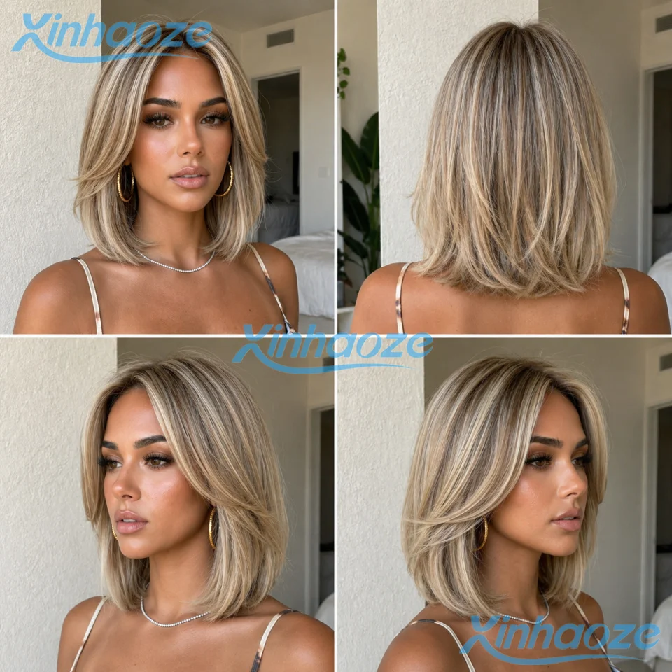 Parrucche corte bob in capelli umani con mèches biondo cenere # Parrucche Bob Corte 613 con Frontale in Pizzo 13x4, Pre-Piumate, Densità 180% - immagine 5