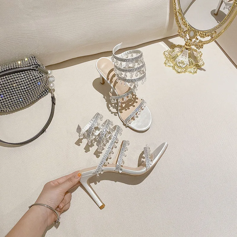 Women Sandals Crystal Wrap Summer Wedding Shoes High Heel Party Shoes Ankle Strappy Designer Stiletto Heel