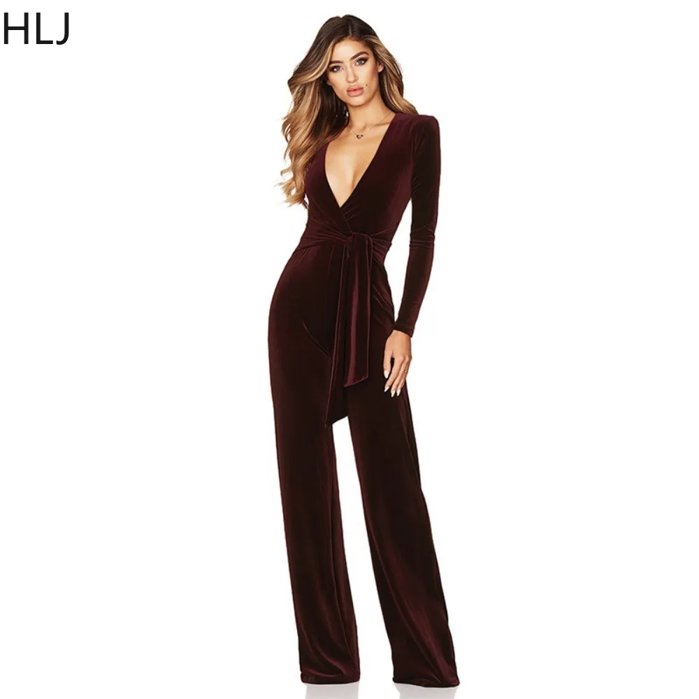 HLJ Fashion Deep V Velvet Long Sleeve Bandage Wide Leg Pants Jumpsuits Female Solid Color Lace Up Slim Playsuits Female Overalls