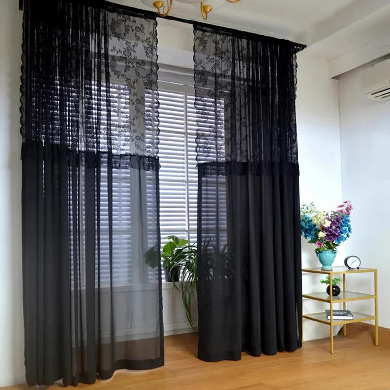

French Vintage Black Lace Stitching Sheer Curtain for Living Room Jacquard Floral Voile Drape Kitchen Partition Bay Window #D