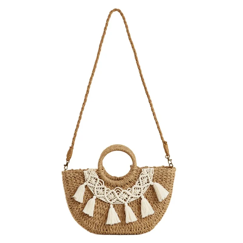 Women's Half Moon Shape Straw Bag Simple Hand Woven Paper Rope Tassel Handbag Summer Bohemia Bali Travel  Beach Crossbody Bag
