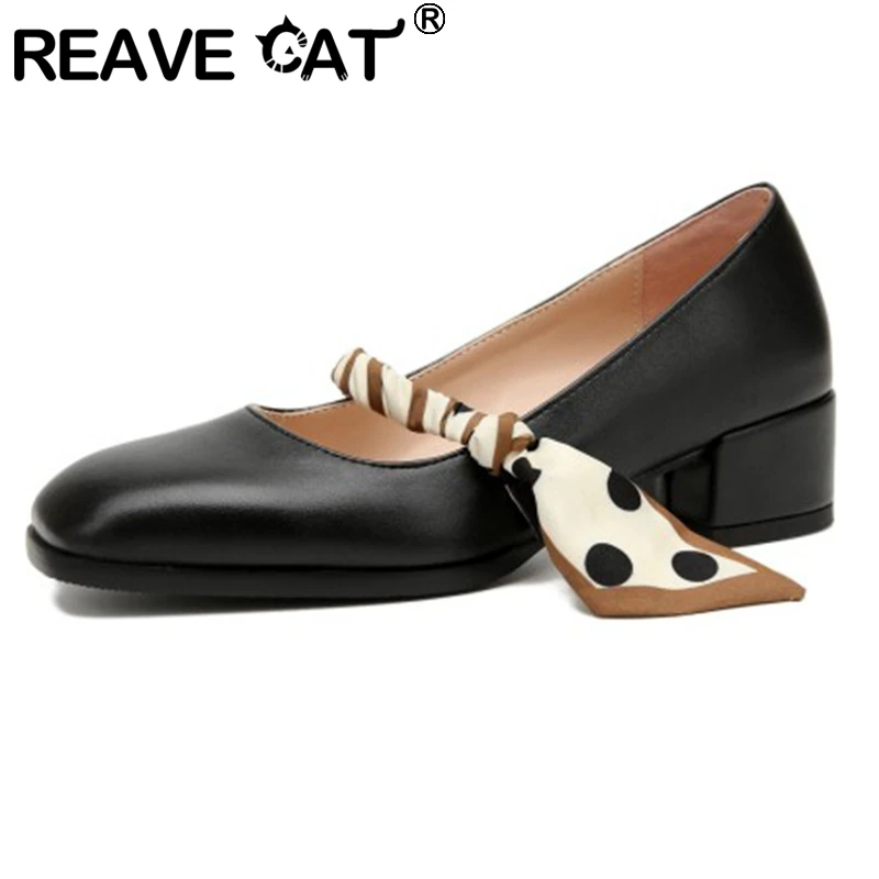 

REAVE CAT 2022 Fashion Women Pumps Square Toe Mid Heels Elastic Band Silk Knot Big Size 31-43 Beige Black Elegant Spring S3210