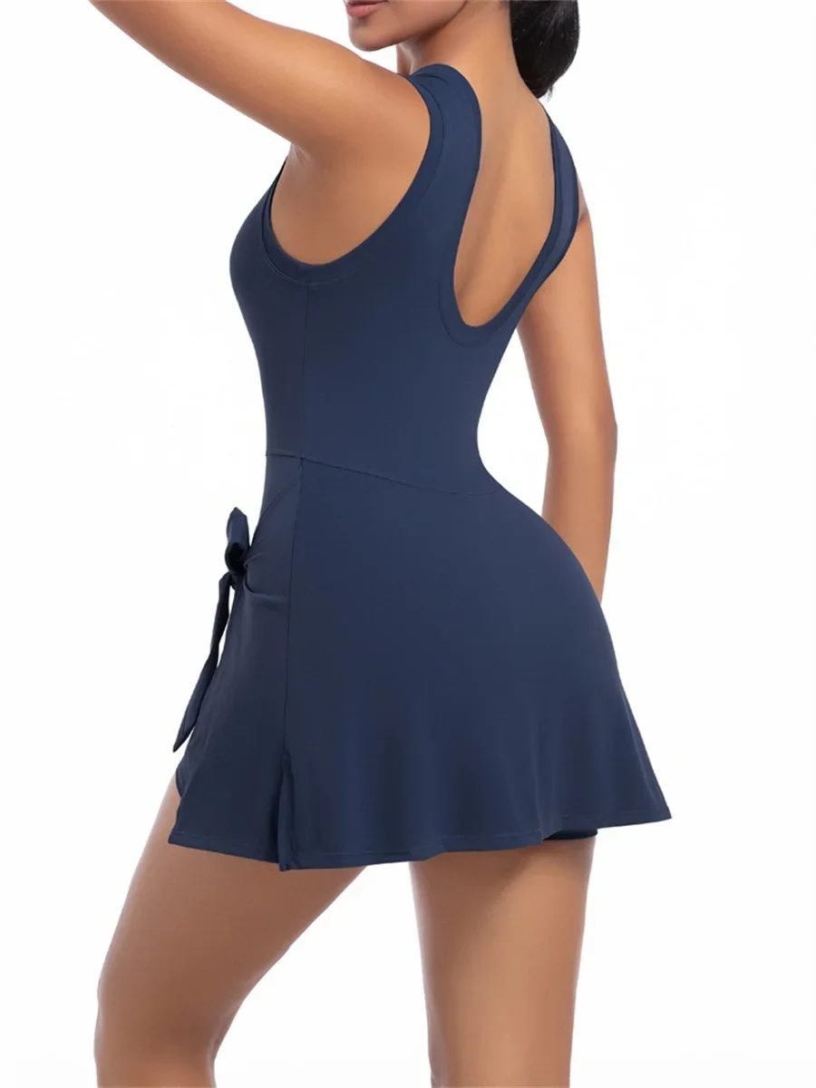 Anti Glare Tennis Dress Women Solid Color Sleeveless One-piece Yoga Suit Sport Training Running Fitness Badminton Exercise Dress