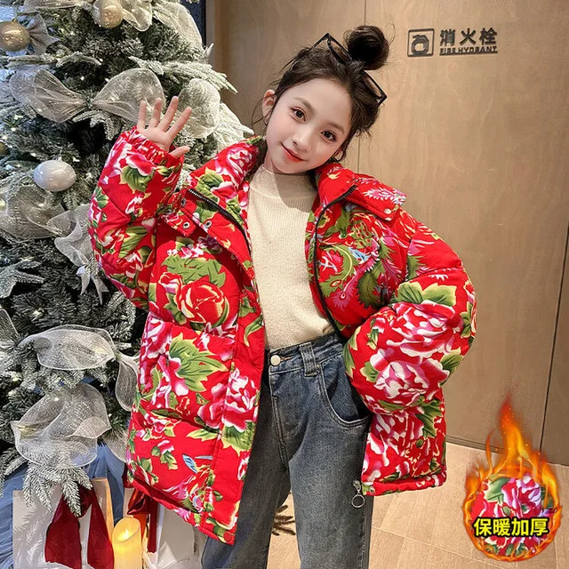여아용 두꺼운 다운 재킷, 빨간색 큰 꽃, 겨울 어린이 한국 코트, 느슨한 지퍼, 면 패딩 복장,-30 도