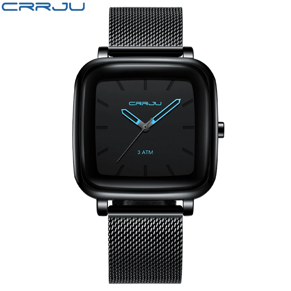 CRRJU Watch Men Top Brand Luxury Square Golden Casual Slim Mesh Steel Wrist Watch Relogio Masculino 