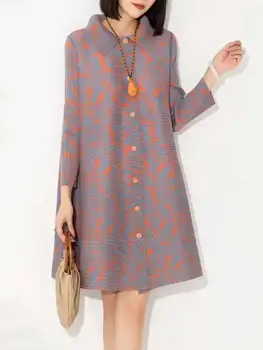 LANMREM Elegant Printing Pleated Dress Women Lapel Single Breasted Mid Length Dresses Fashion Party 2025 Spring New 2AA1888 1