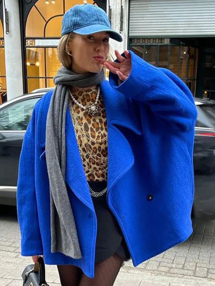 

Casual Solid Woolen Coat For Women Autumn Winter 2023 New Vintage Lapel One Button Oversized Jackets Y2k Batwing Sleeve Overcoat